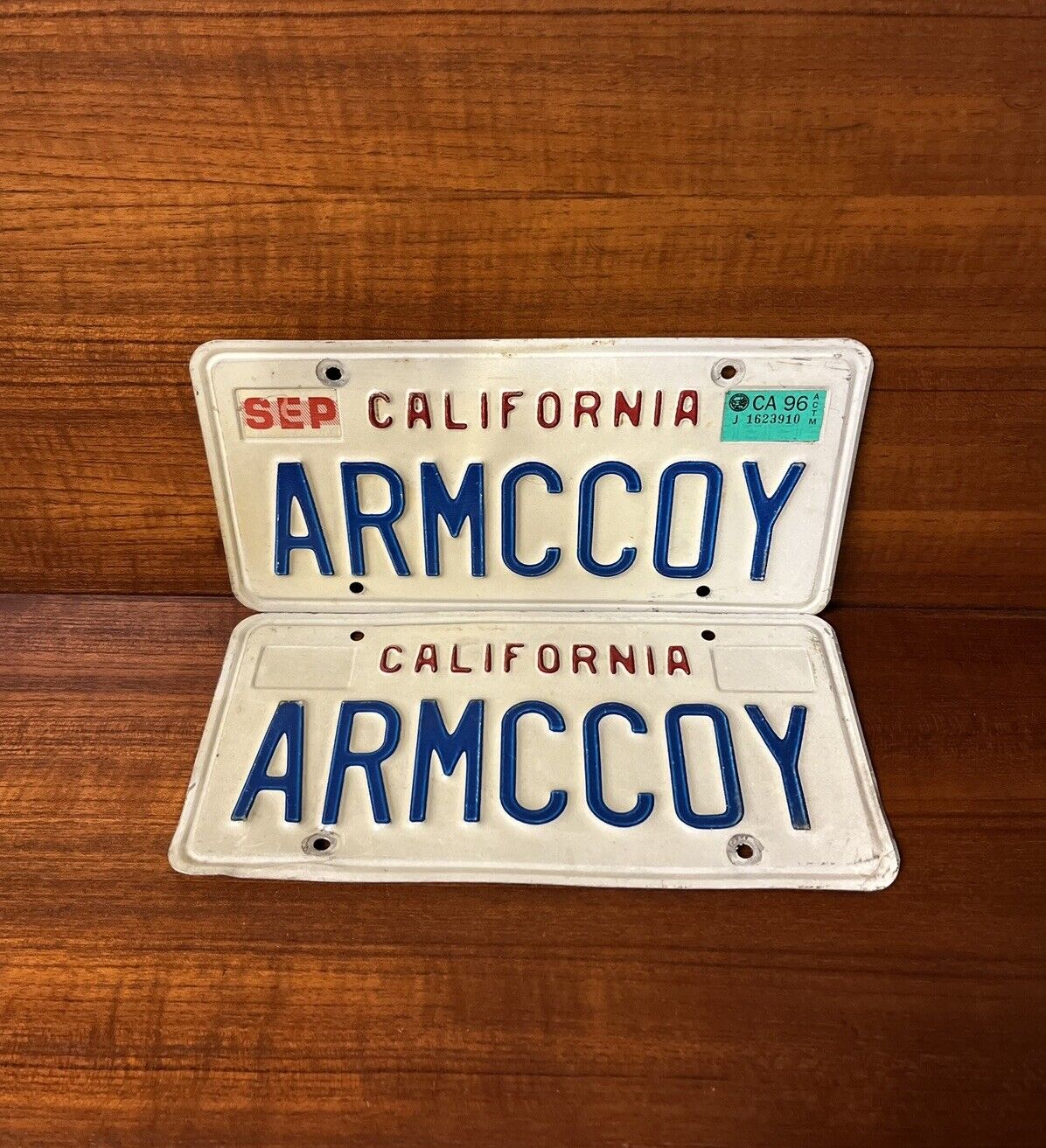 CALIFORNIA License Plate PAIR Vanity Set ARMCCOY SEP 1996