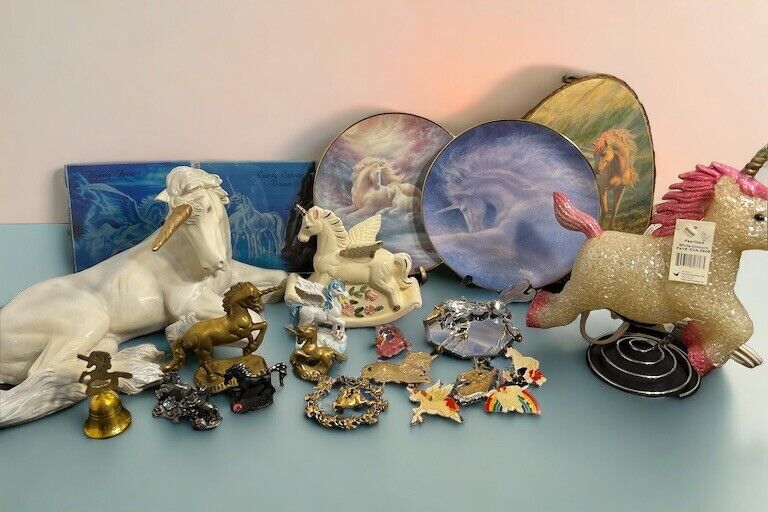 Vintage LOT Unicorn Figurines Plates Lamp Wall Art Ceramic Porcelain Brass
