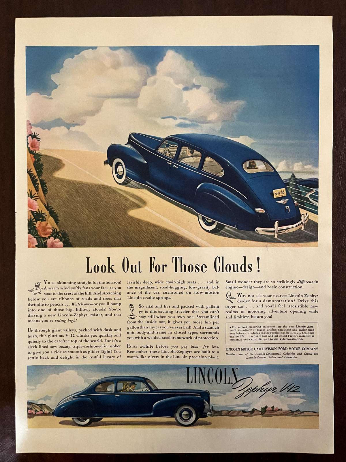 1941 LINCOLN Zephyr Vintage Print Ad V 12 Blue Car