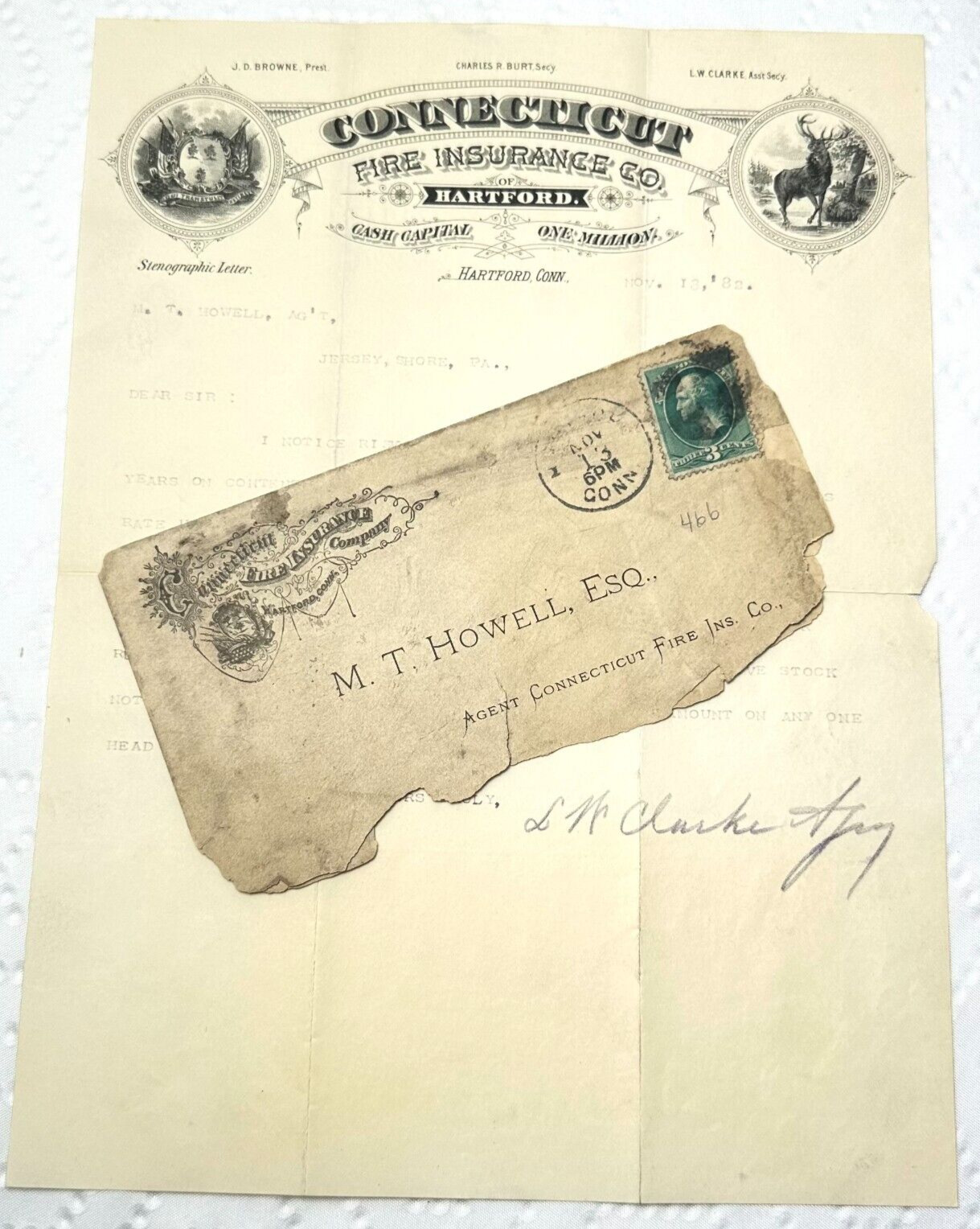 1882 Connecticut Fire insurance Co Letter Cover to M T Howell Esq HARTFORD AA250