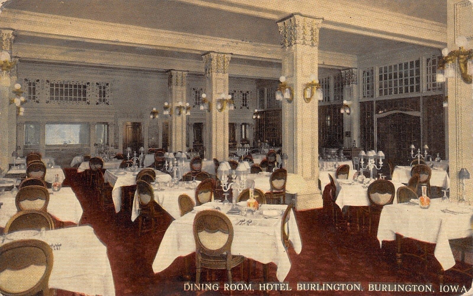 Burlington Iowa~Hotel Burlington~Dining Room Interior~Place Settings~1912 PC