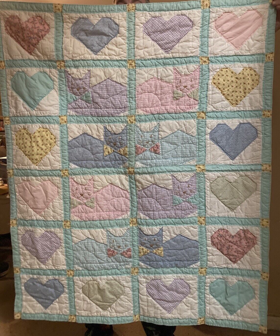 Vintage Homemade Lap Quilt Patchwork OOAK Cats and Hearts Wall Hanging 42x51