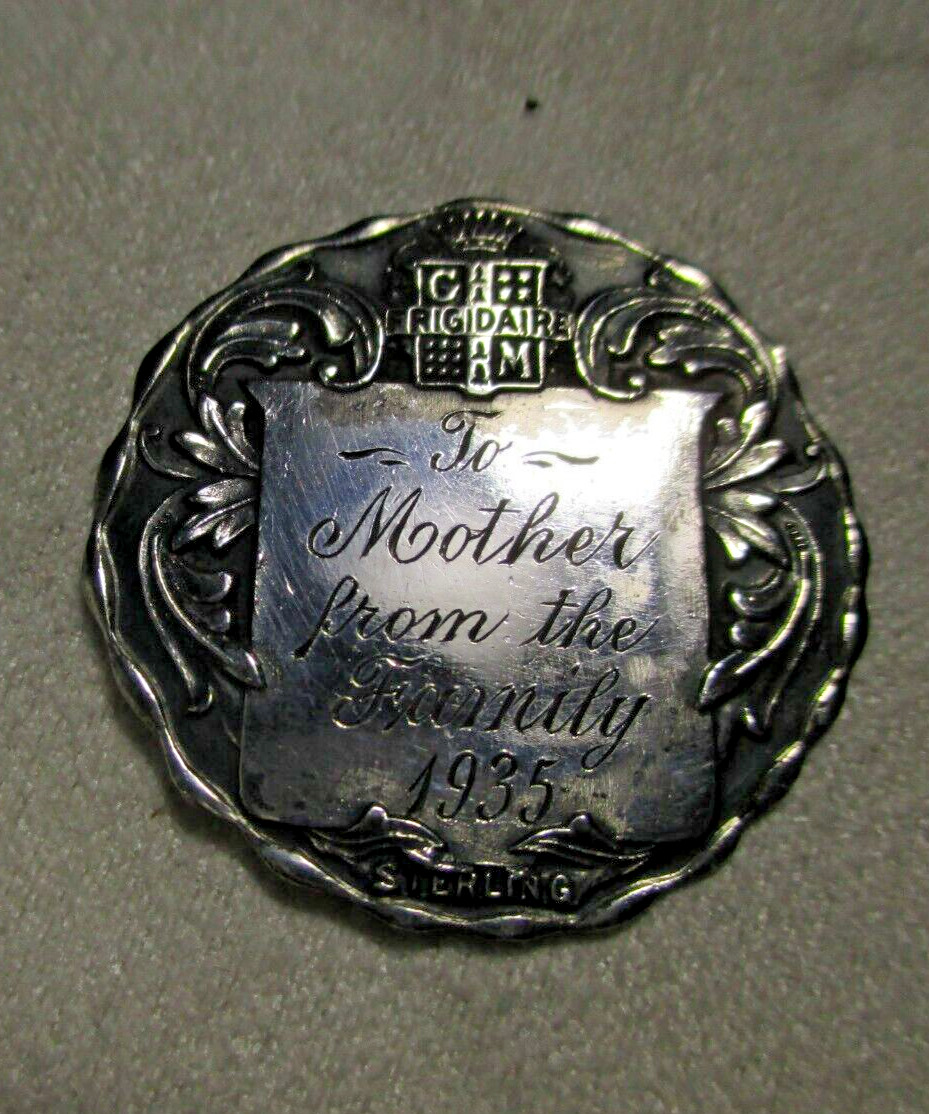 1935 GM Frigidaire Sterling Silver Medal/Plaque To Mother from the Family 1935