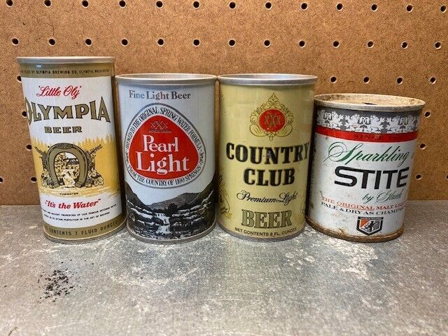 Set of 4 different straight steel 7-8oz. empty pull tab beer cans