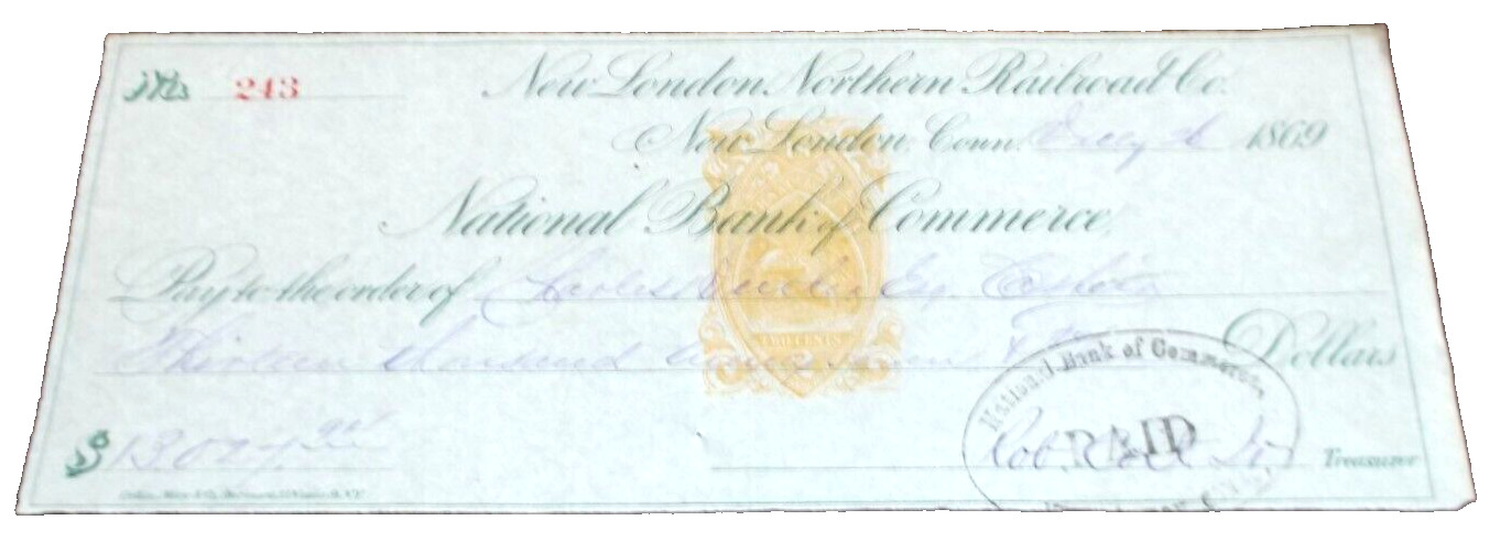 JULY 1869 NEW LONDON NORTHERN COMPANY CHECK #243 CENTRAL VERMONT