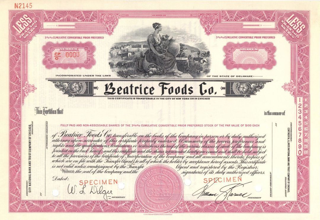 Beatrice Foods Co. - Specimen Stock Certificate - Specimen Stocks & Bonds