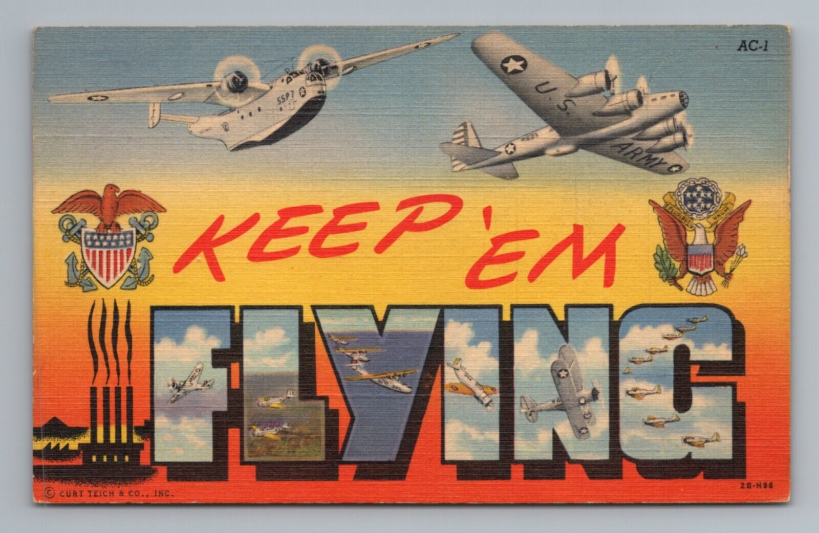 Keep \'em Flying WWII WW2 Planes Airplanes Large Letter Vintage Postcard