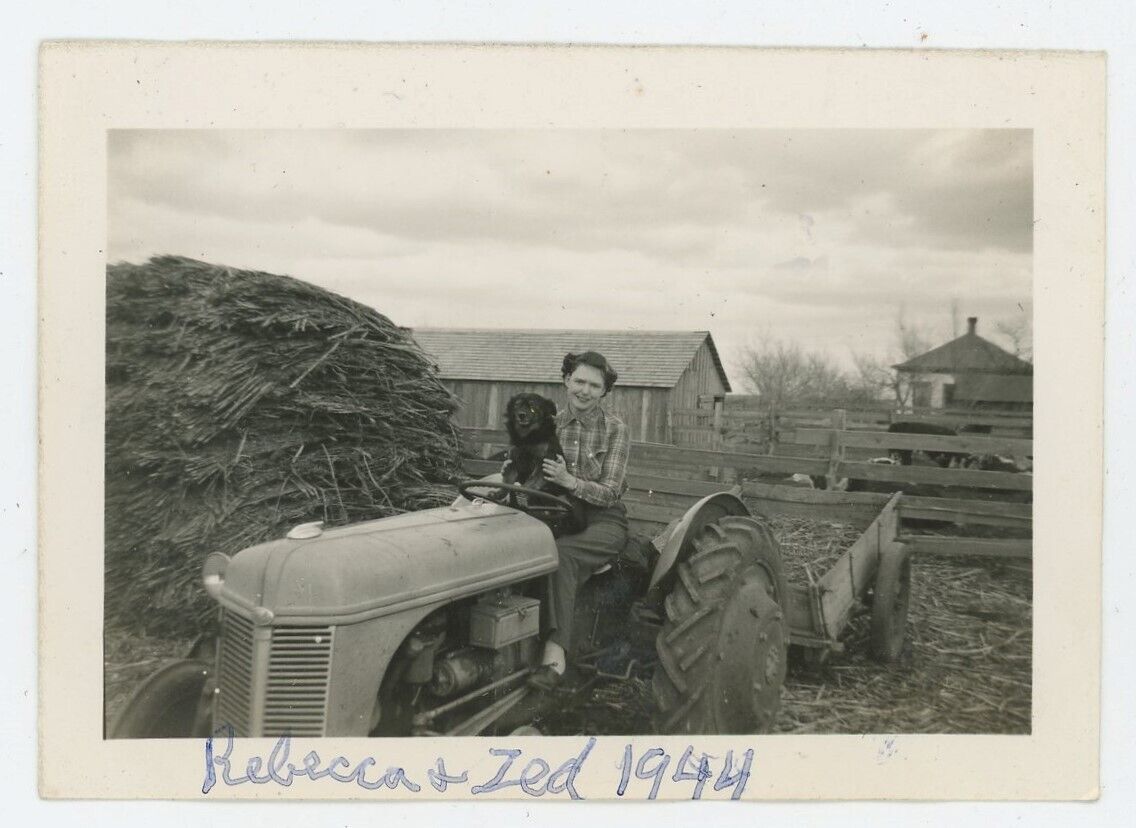 Vintage Photo Fun Loving Lady Farmer Tractor Cuddling Pooch Collie Dog Zed 1944
