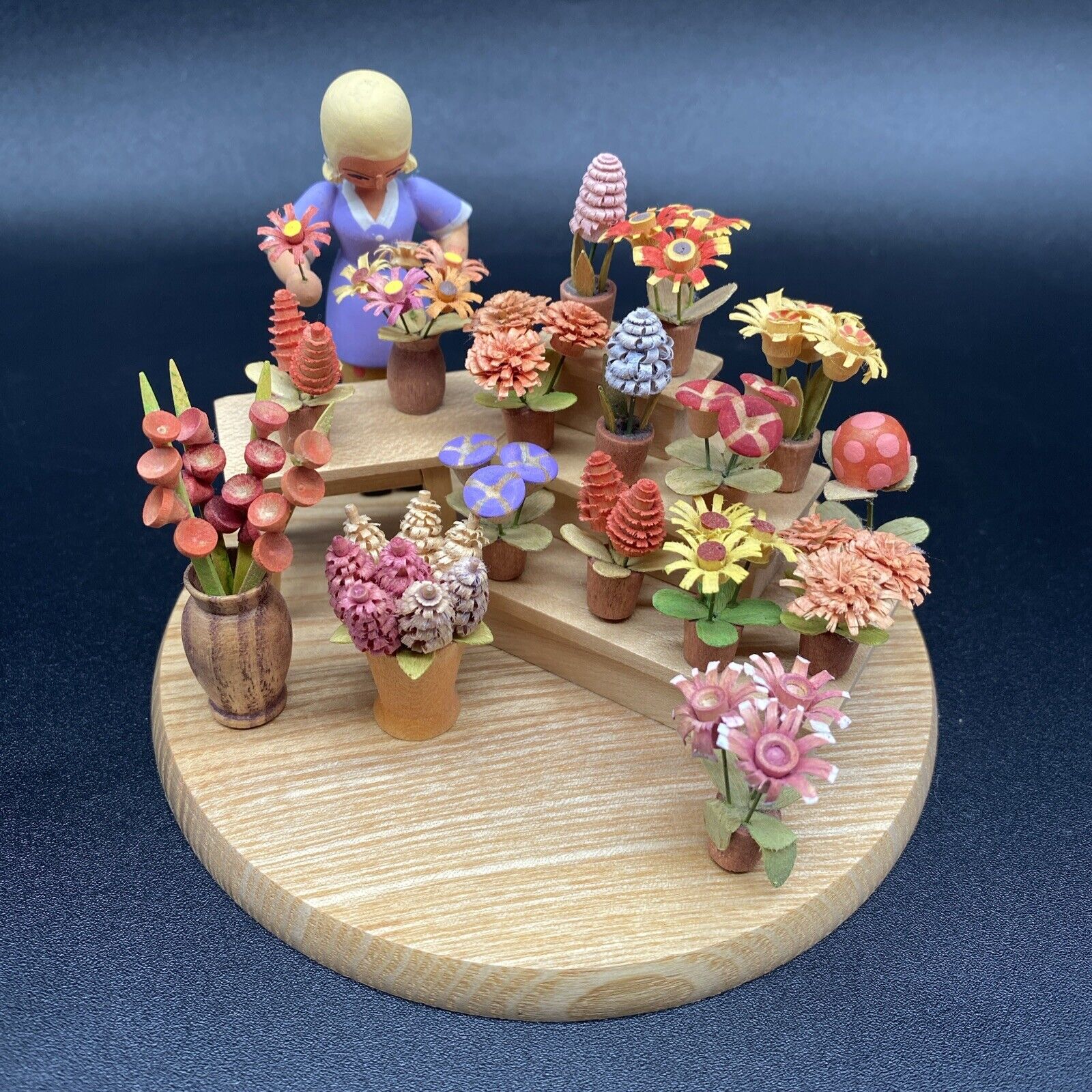 Vintage Erzgebirge Figurine Carved Wood Flower Stand Market Seller East Germany