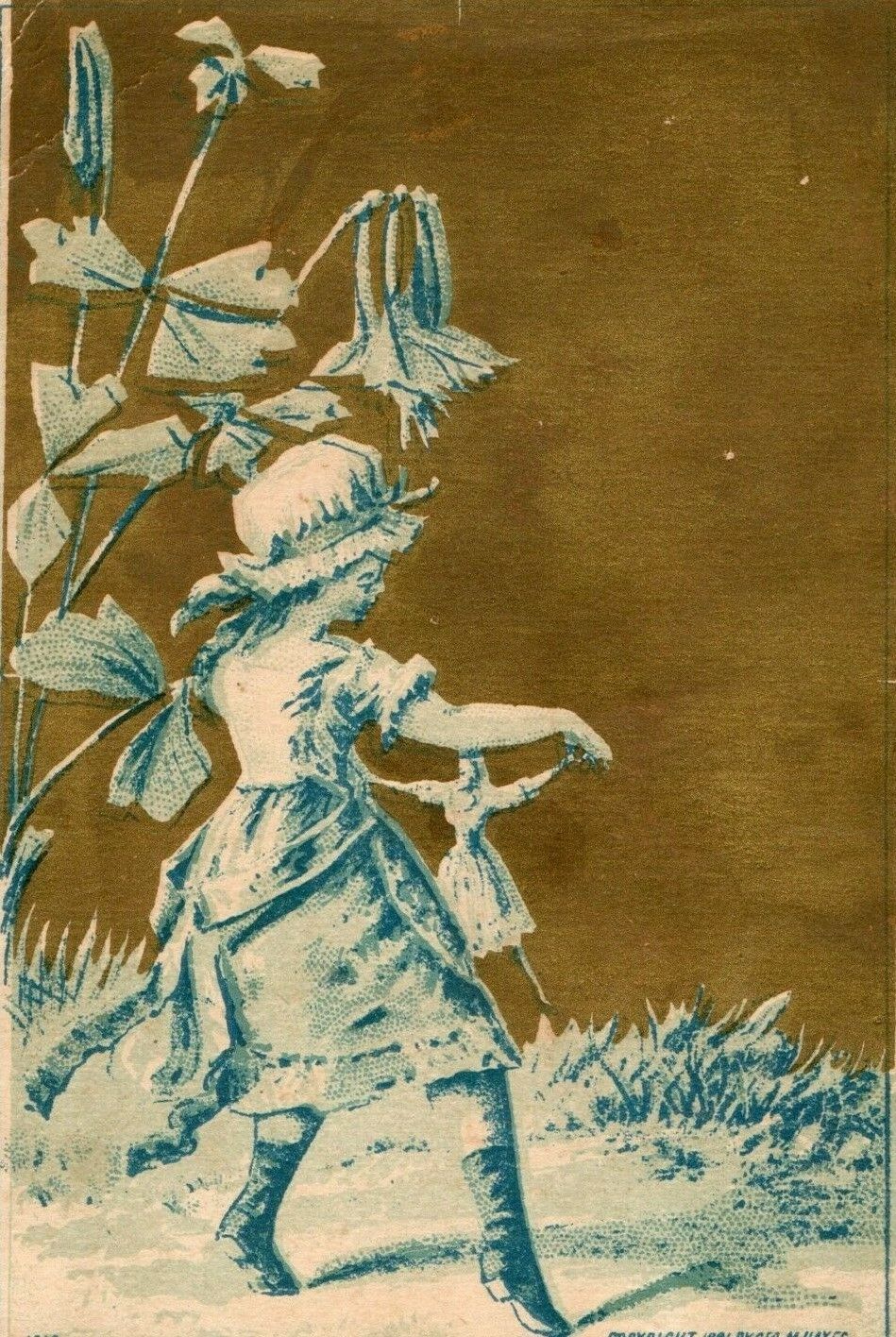 1881 Geo. M. Hayes Cute Girl bonnet Dancing Doll Trumpet Flowers Gold Blue P49