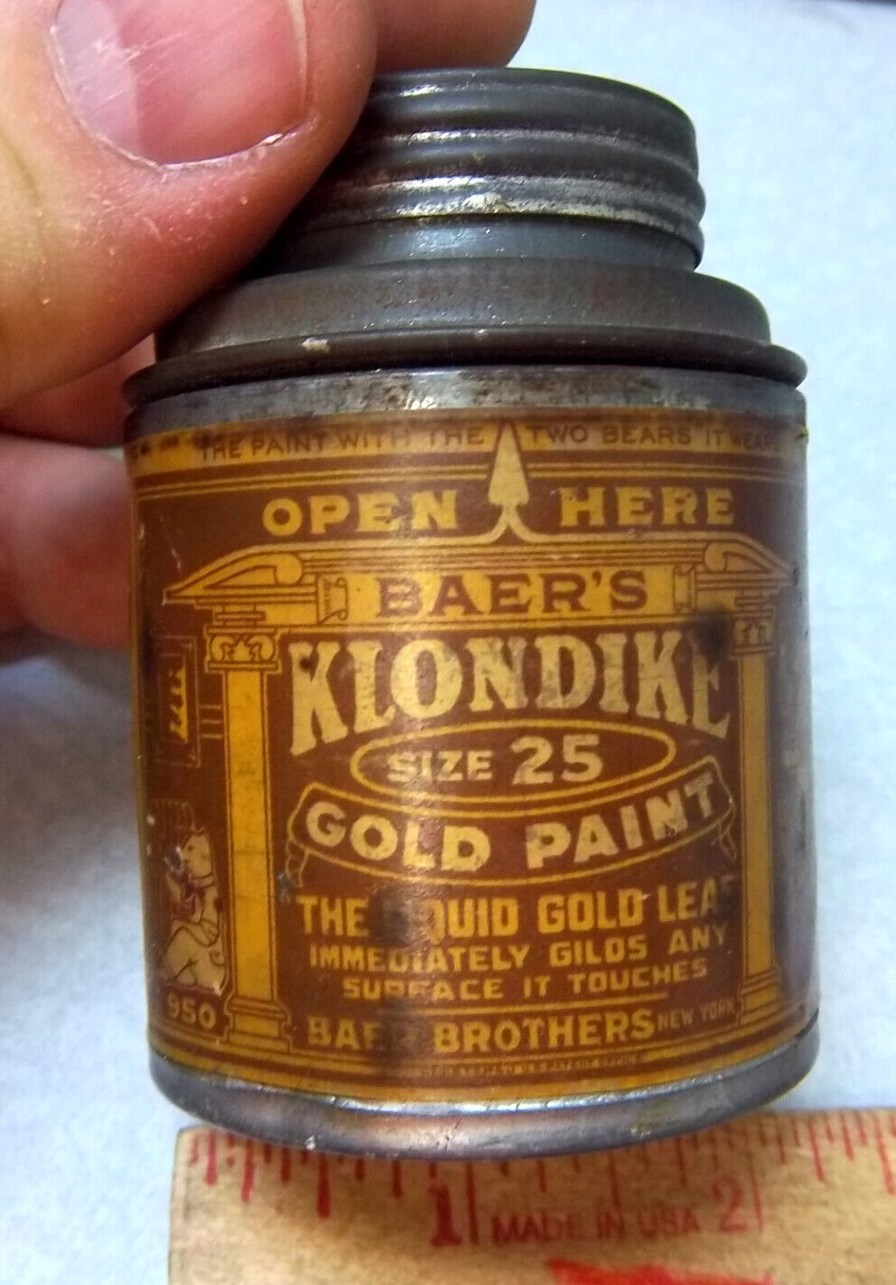 vintage KLONDIKE gold paint size 25 tin by Baer Brothers, Klondike gold rush