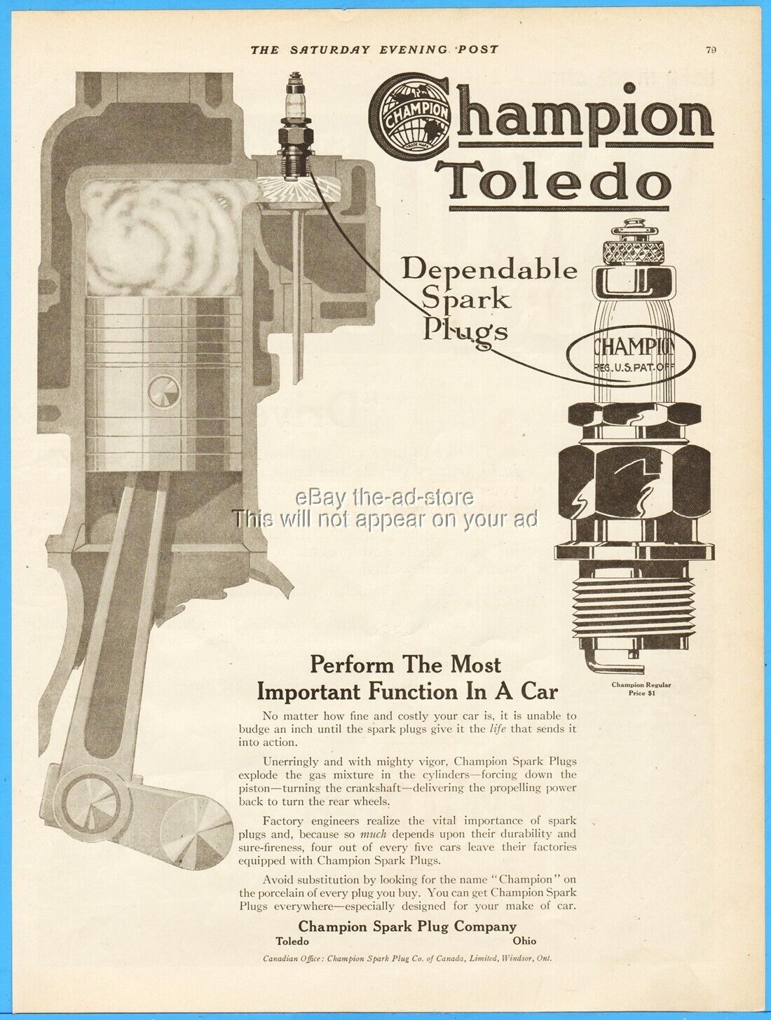 1917 Champion Spark Plug Co Toledo Ohio Most Important Function In a Car Ad