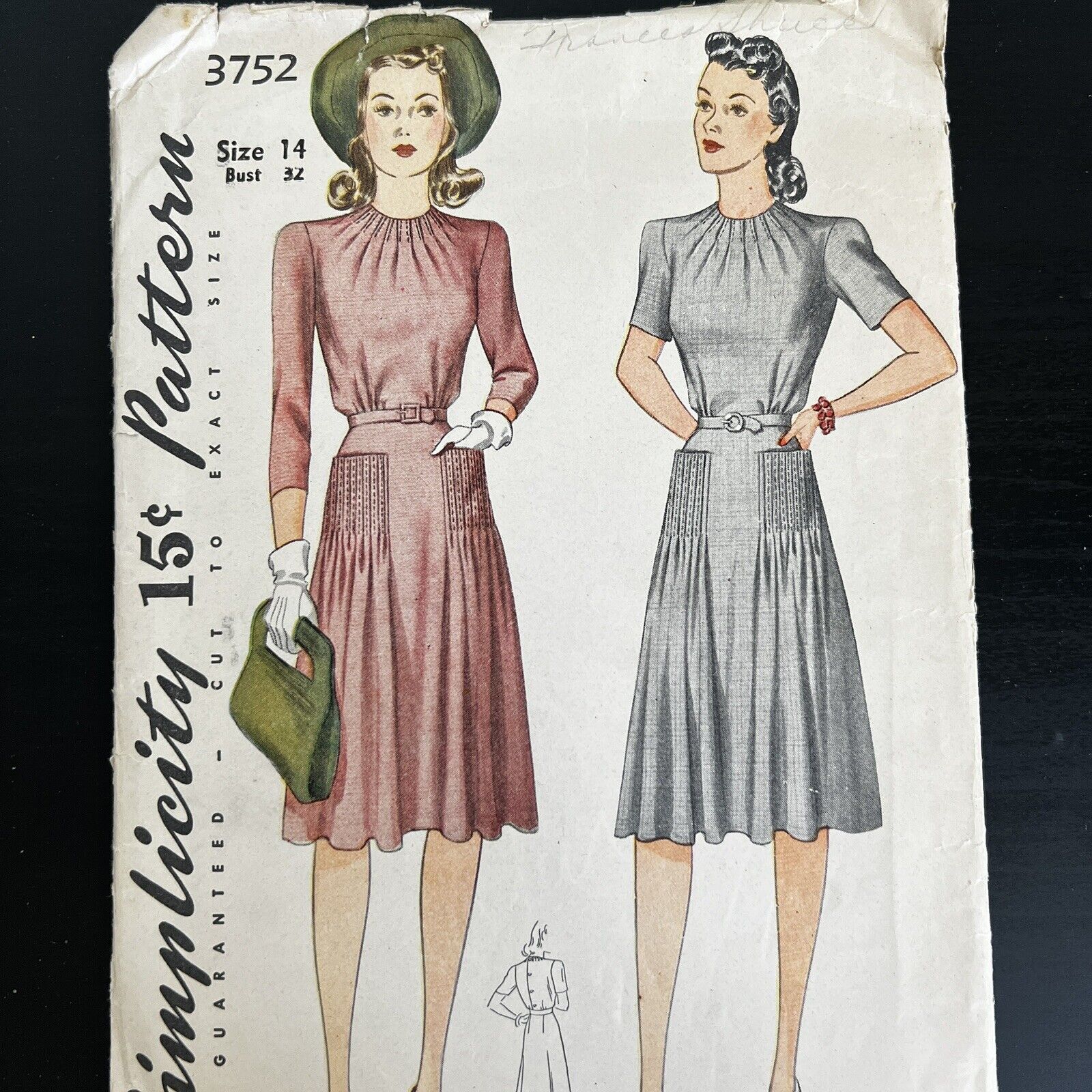Vintage 1940s Simplicity 3752 Outside Tuck Dress Pockets Sewing Pattern 14 USED