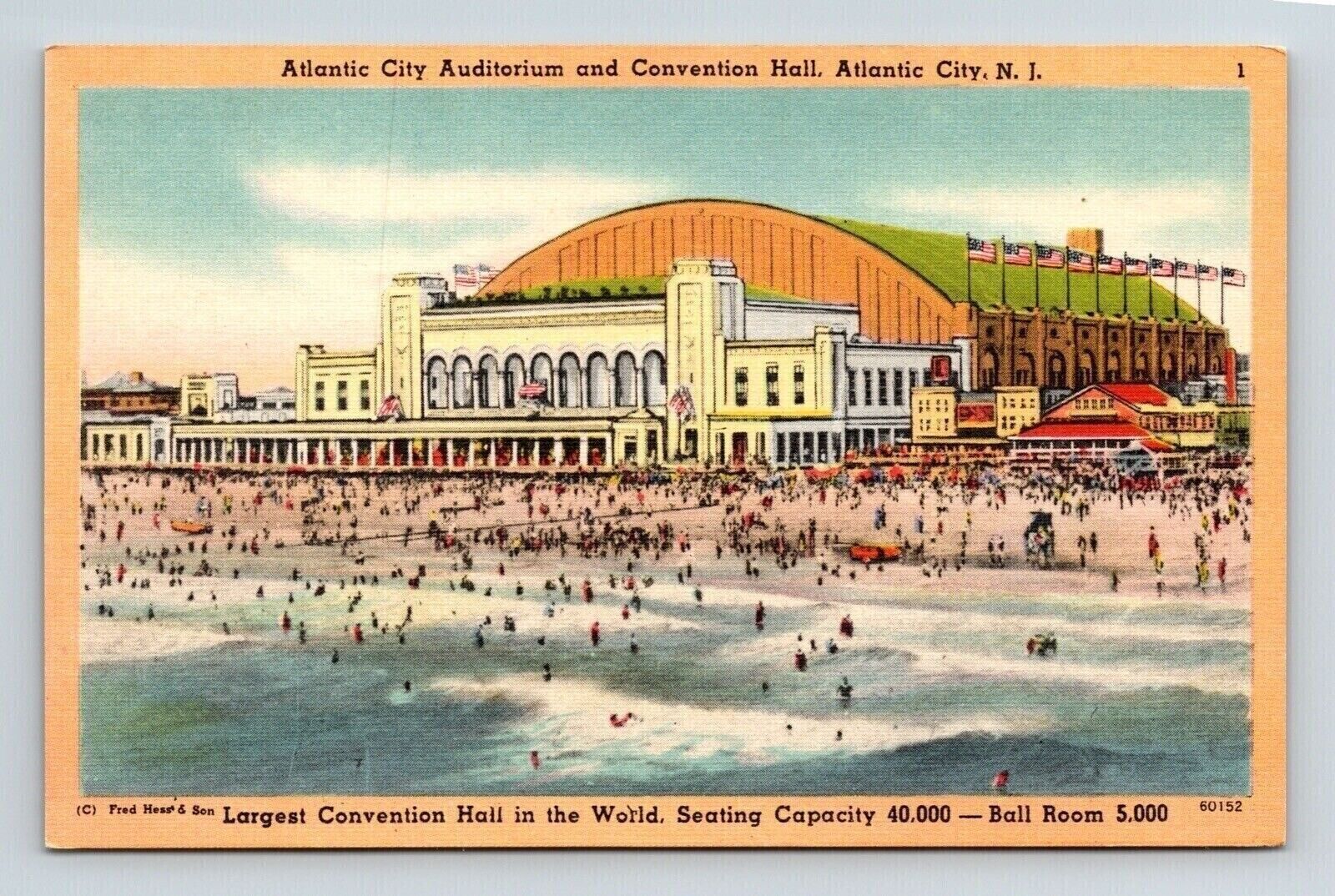 Atlantic City New Jersey Auditorium & Convention Hall Beachfront Linen Postcard