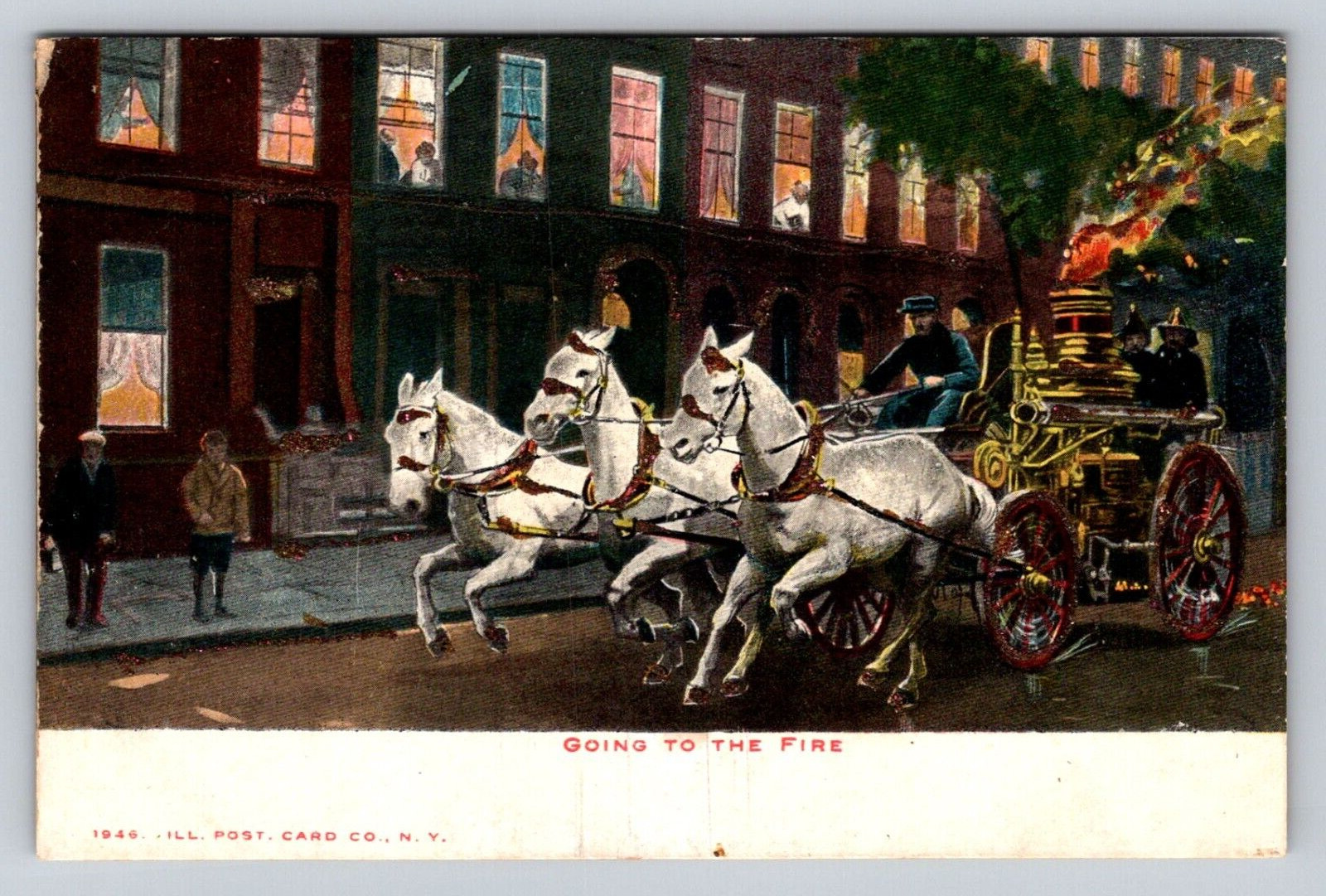 c1905 Horse Drawn Fire Engine going To Fire  P240 Glitter