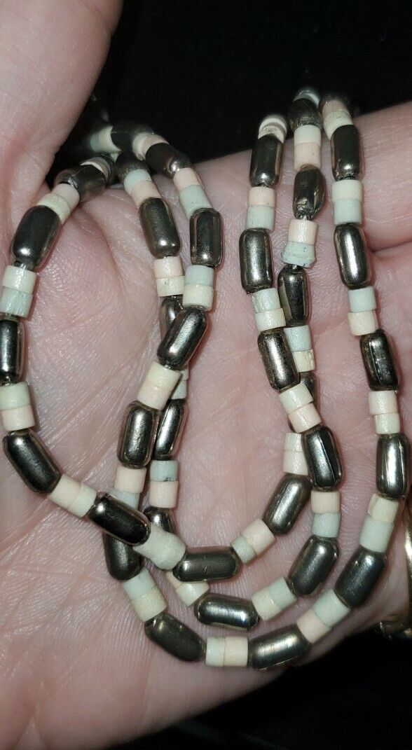Vtg Native Metal Pearl Dyed Shell Heishi Necklace Southwest Tribal Native HEAVY