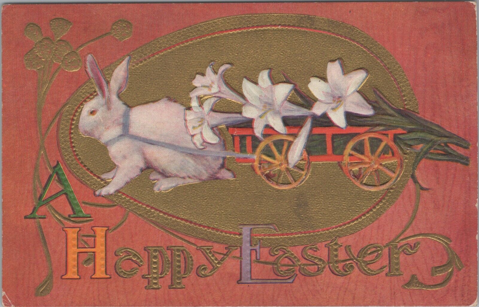 Easter rabbit pulling cart with white lilies flower embossed c1910 postcard A959