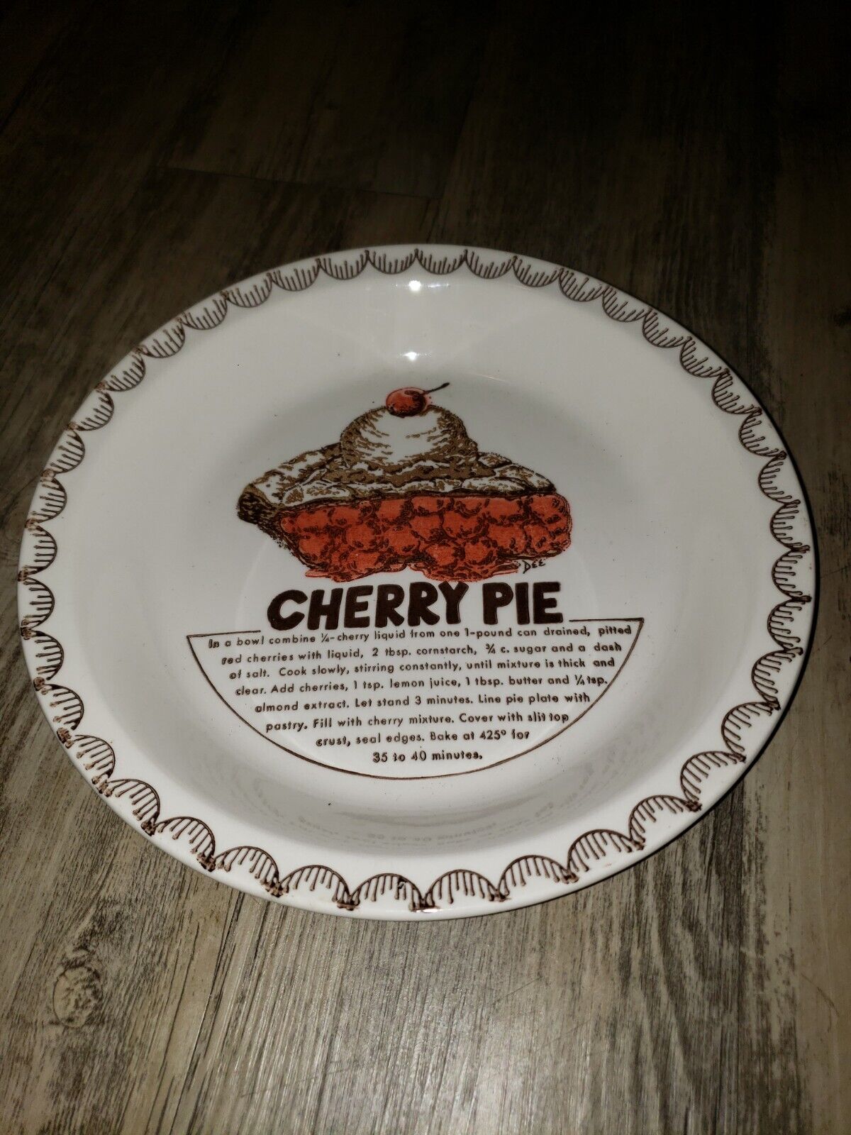 Vintage Cherry Recipe Pie Plate Signed Dee Painted 10\'\' Diameter Ceramic