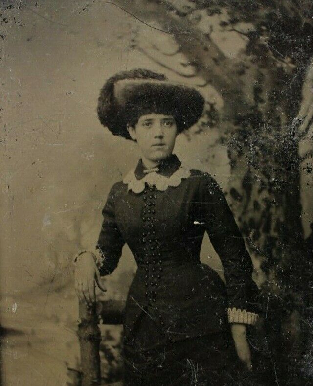 c1880s Tintype Beautiful Woman Propped On Fence Large Feathered Hat Corset T47