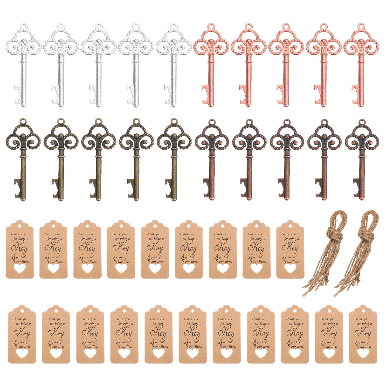 20Pcs Vintage Key Bottle Openers with Card Tag, Organza Bags, Rope, 4Color