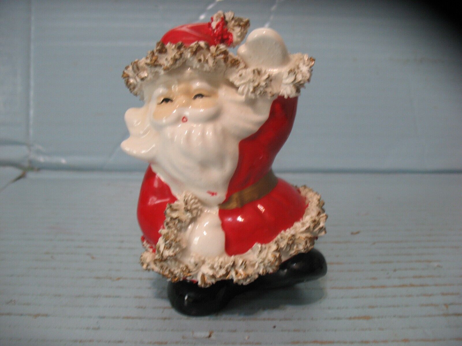 Vintage Ceramic Waving Santa Claus Christmas Figurine W/ Spaghetti Trim