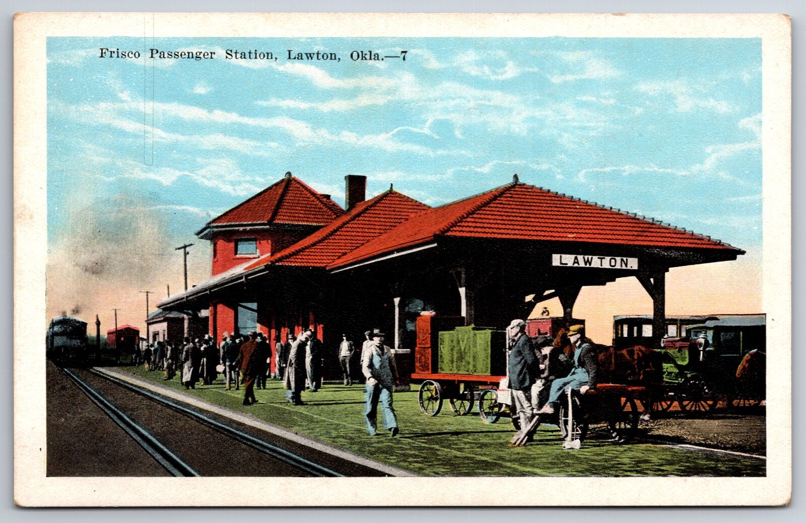 Lawton Oklahoma~Frisco Railroad Station~Passengers Await Train~1920s Postcard