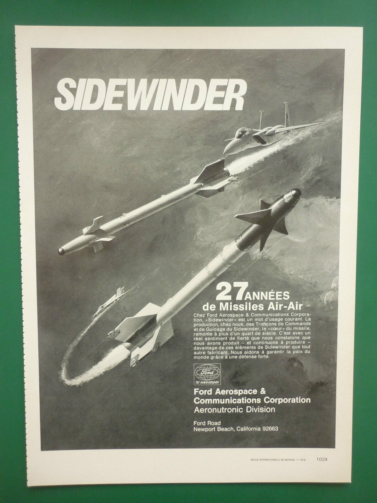 7/1978 PUB FORD AEROSPACE MISSILE SIDEWINDER GUIDANCE CONTROL FRENCH AD