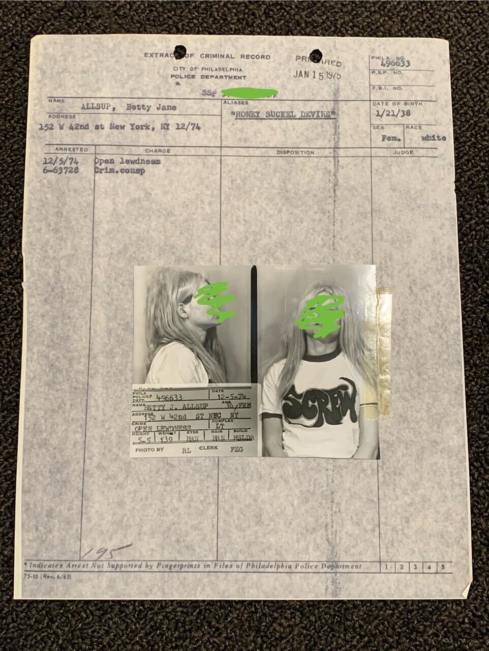 Rare 1974 Arrest Record & Mugshot of Betty Jane Allsup aka Honeysuckle Divine