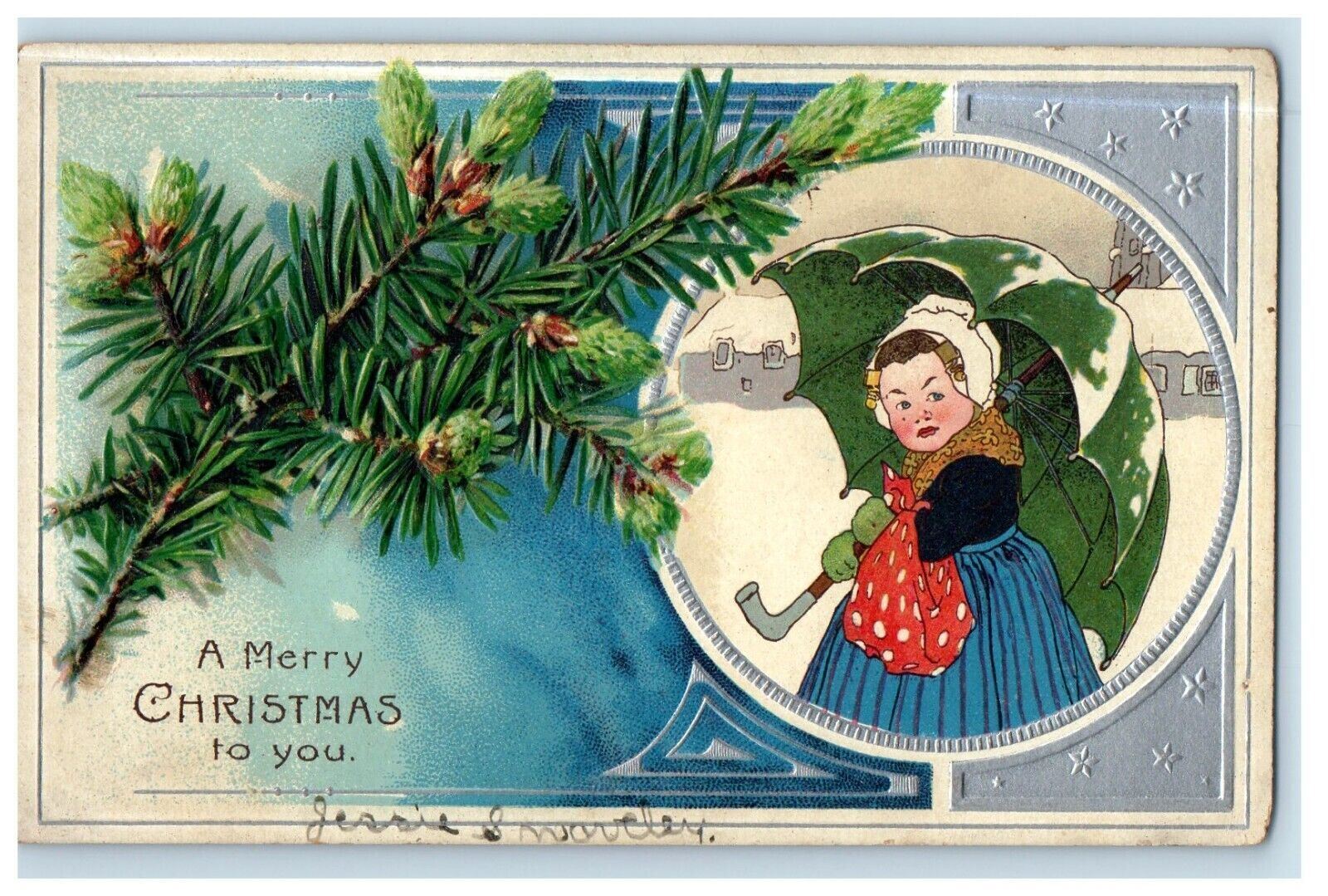 1907 A Merry Christmas Pine And Cone Girl Umbrella Snow Winter Embossed Postcard