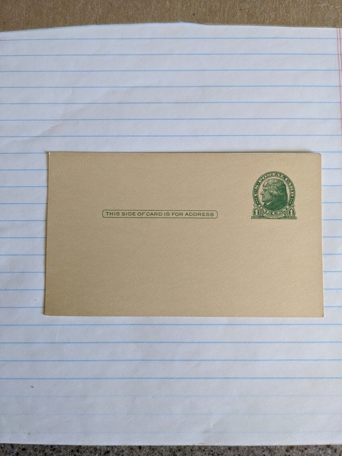 Thomas Jefferson 1 Cent, Pre-Stamped, Green-United States Post Office-Postcard.