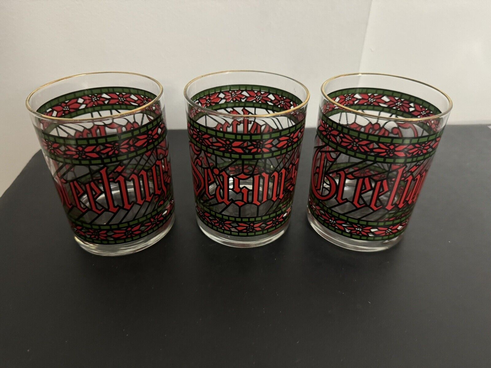 Vtg HOUZE Seasons Greetings Stained Glass Lowball Cocktail Drinking Glasses 3