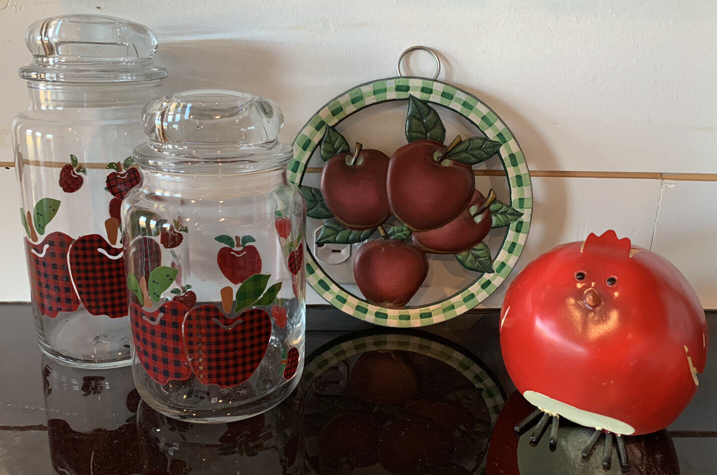 Vintage Apple Kitchen Decor Applejack Canisters, Trivet, & Adorable Bird EUC