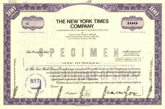 New York Times Co. - Specimen Stocks & Bonds