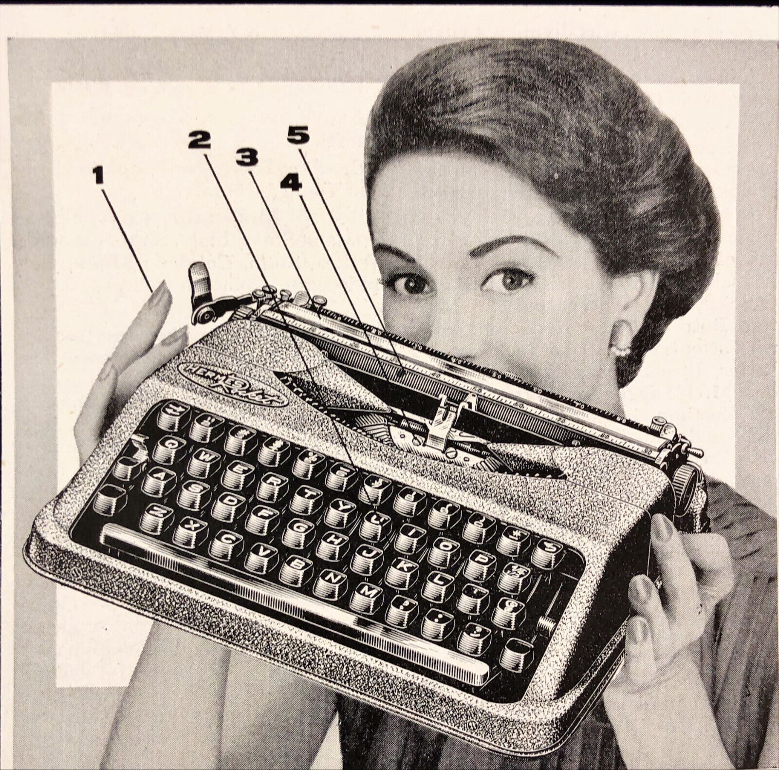 1955 Hermes Rocket Typewriter Print Ad Woman Holding Up