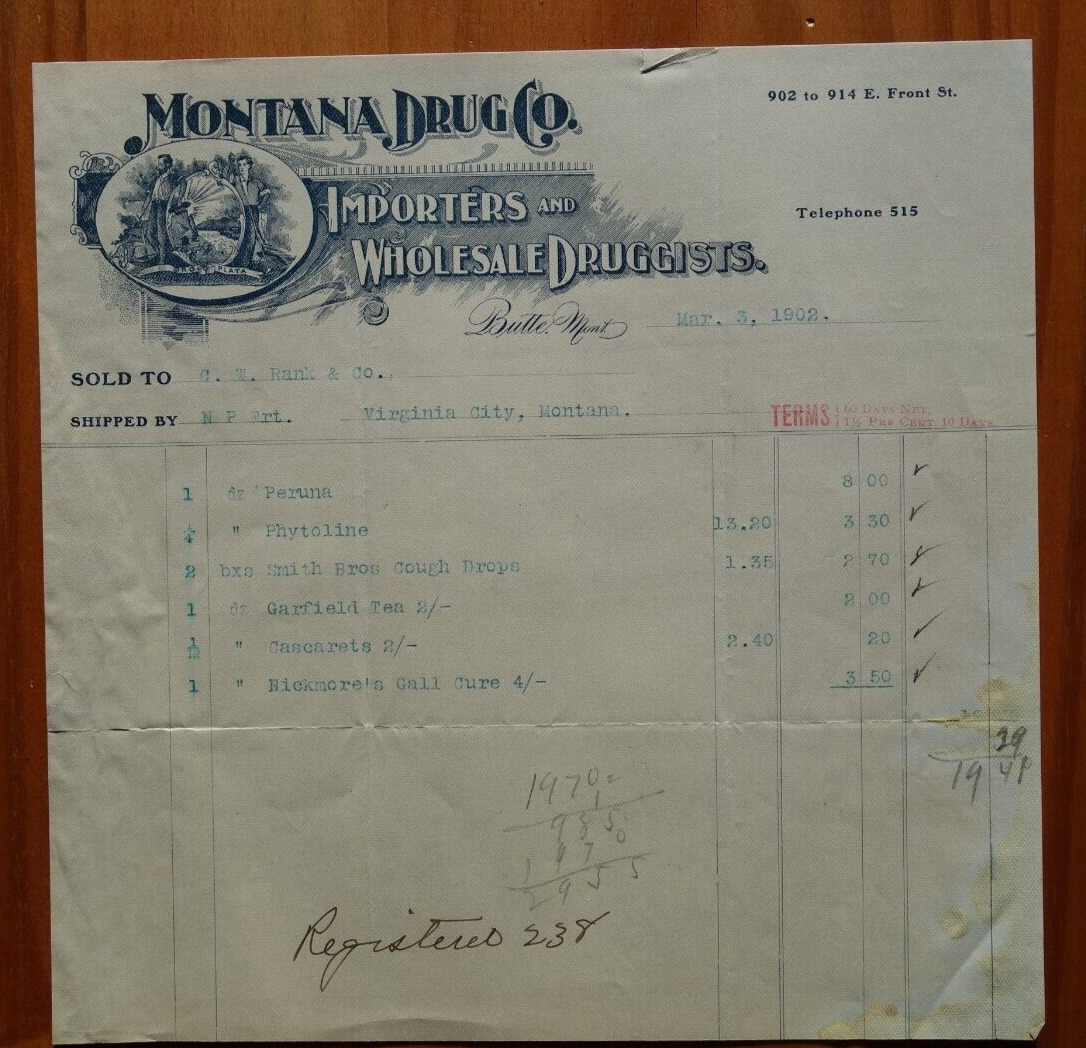 importers, wholesale Montana Drug Co., Butte, Montana illustrated billhead 1902