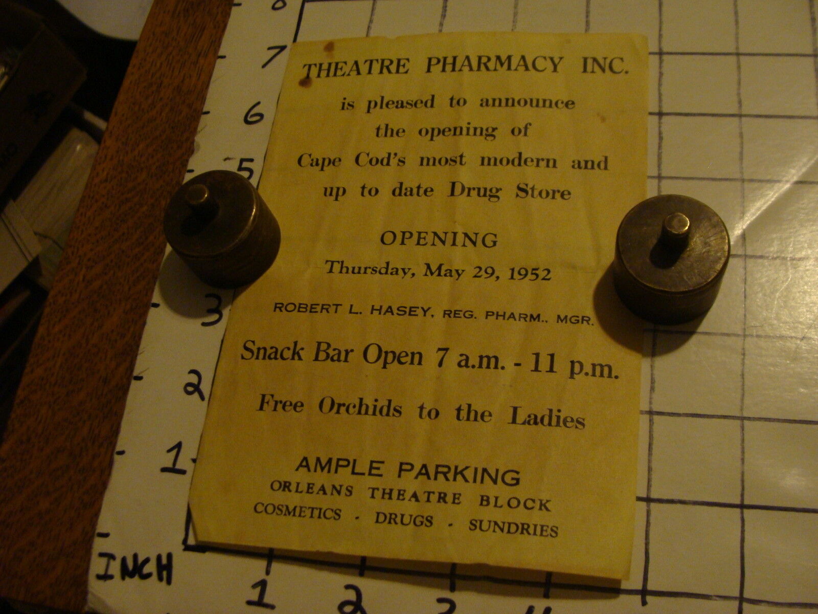 ORIGINAL May 29, 1952 THEATRE PHARMACY opening on CAPE COD orchids for ladies