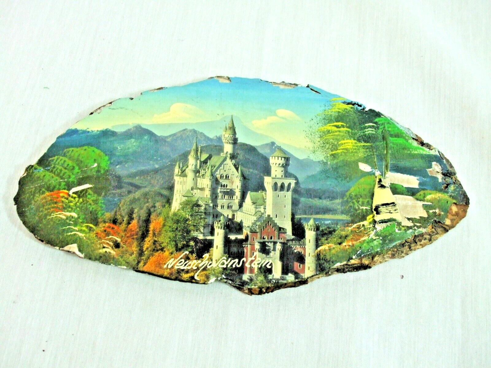 Vintage Tree Slice Wood Plaque Neuschwanstein Castle Germany Painting Scene