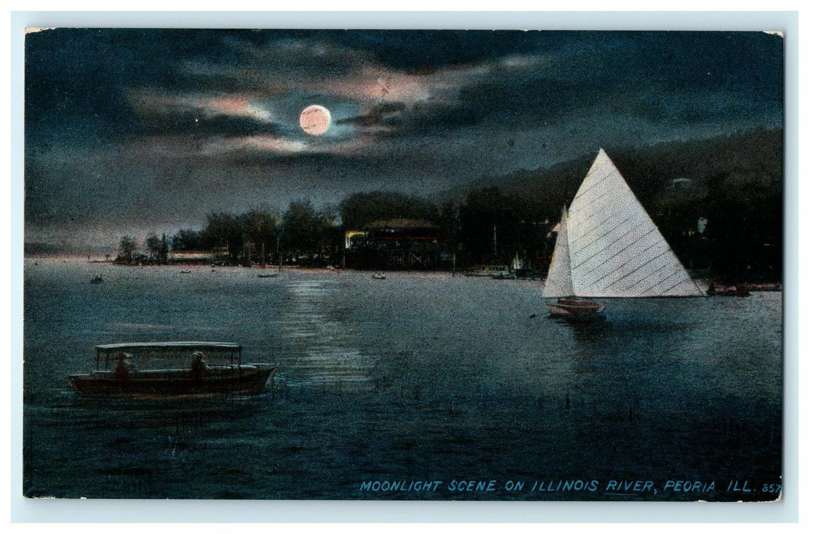 1912 Peoria IL. Moonlight Scene on Peoria River IL. Antique Postcard