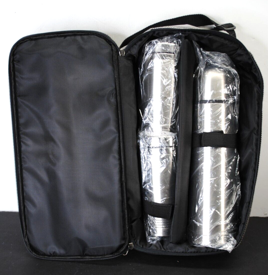 NEW RARE COLLECTIBLE IBM STAINLESS TRAVEL SET (THERMOS, TWO TRAVEL CUPS & CASE)