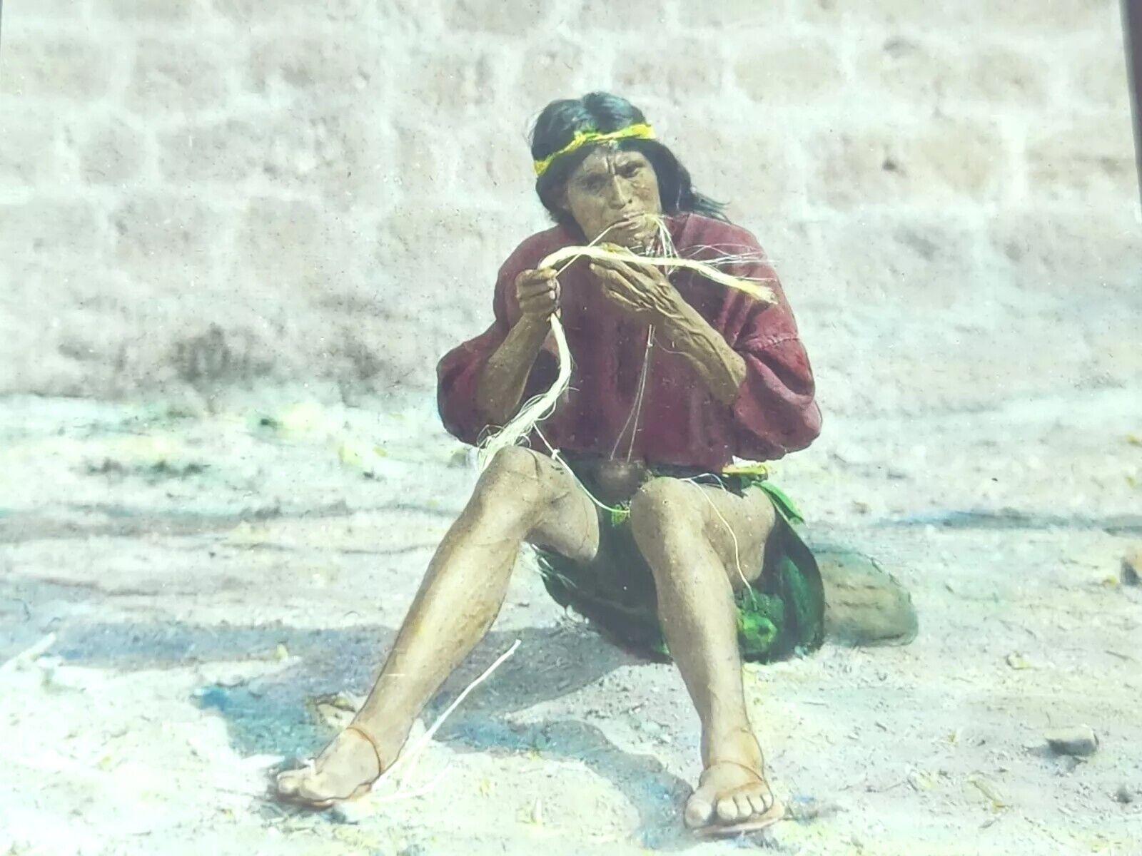 Indian Woman On Ground Making Twine Fishing Net - Magic Lantern Glass Slide 1914