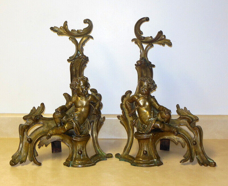 STUNNING Antique Pr French Bronze Cherub PUTTI Hearth Chenets Andirons Rococo