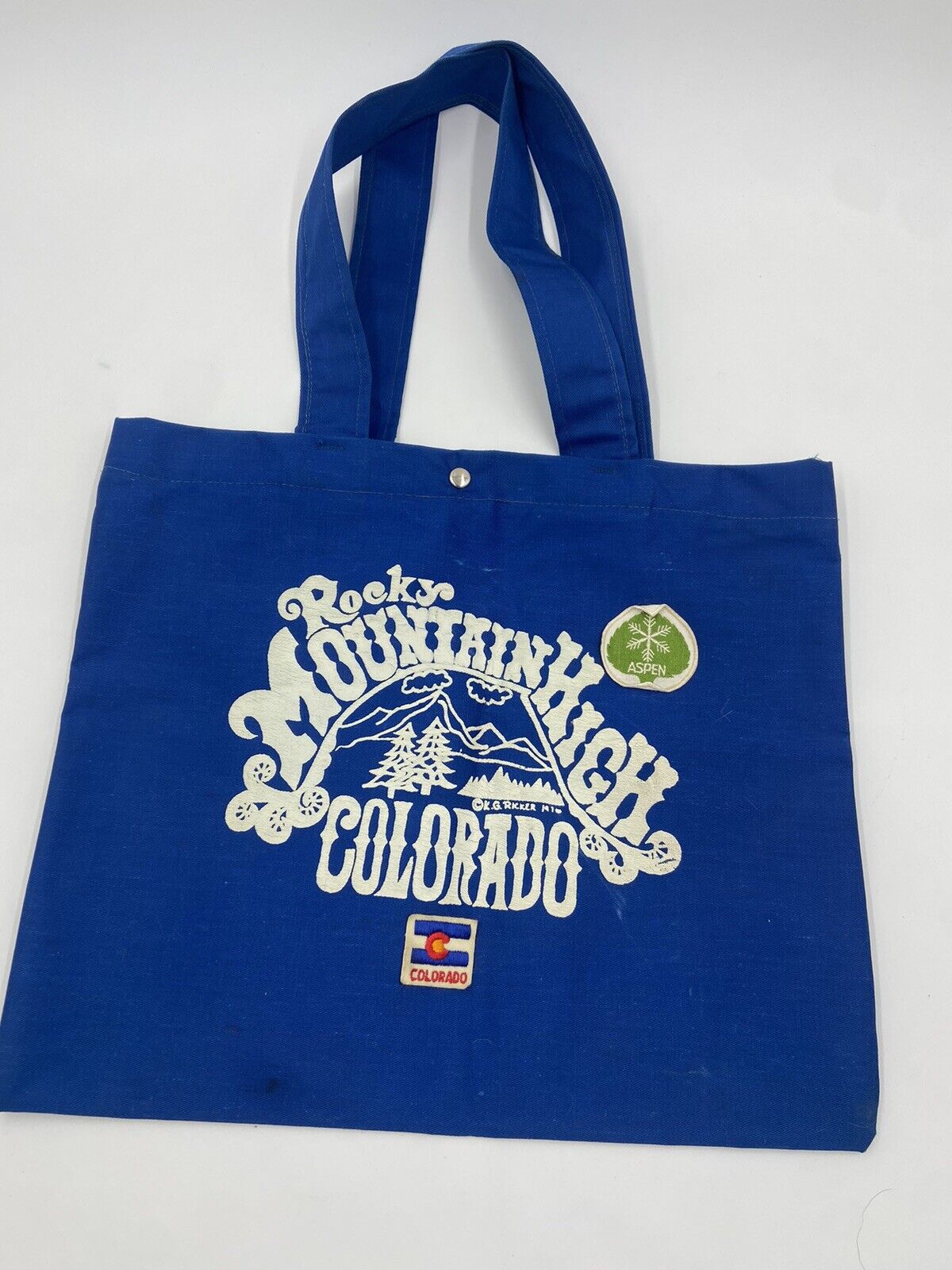 Vintage Rocky Mountain High Aspen Colorado Blue Tote w/ Patches 70’s
