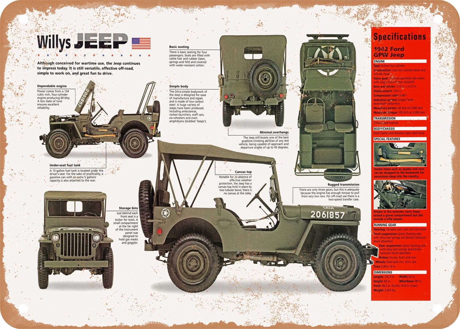 Classic Car Art - 1942 Willys Jeep Spec Sheet - Rusty Look Metal Sign