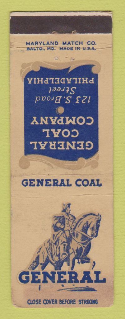 Matchbook Cover - General Coal Philadelphia PA