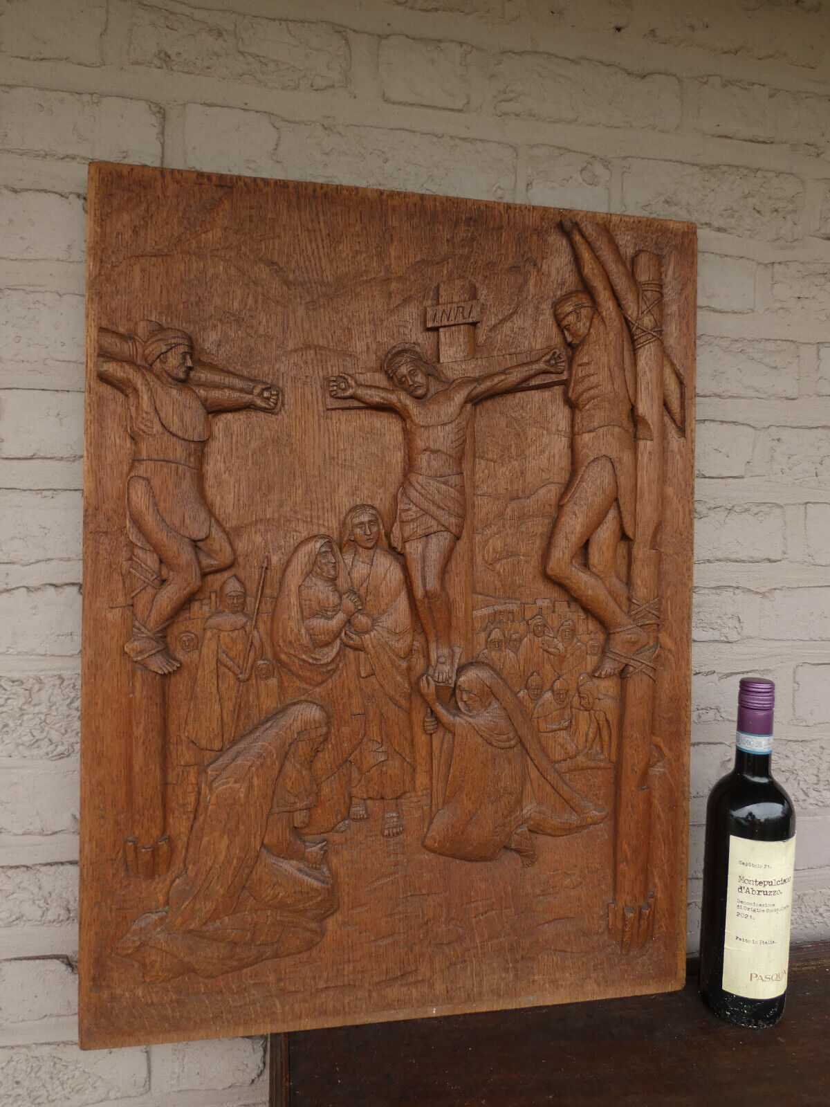Antique XL wood carved plaque crucifixion chist religious