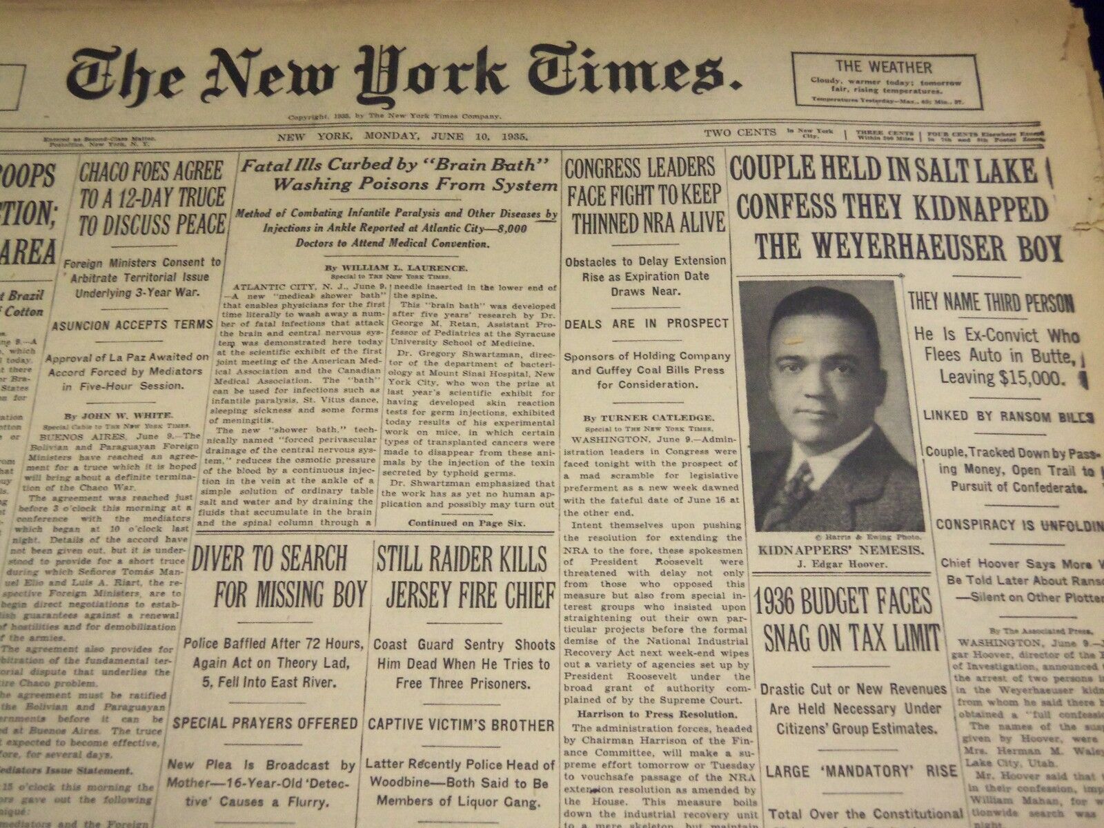 1935 JUNE 10 NEW YORK TIMES COUPLE CONFESS KIDNAPPING WEYERHAEUSER BOY - NT 1956