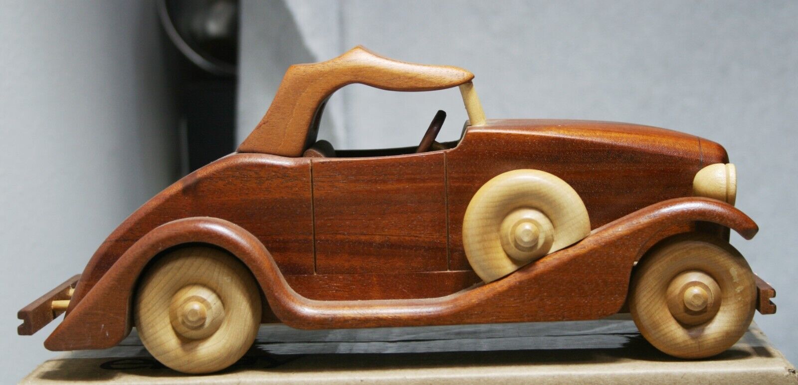 VTG Handmade ROADSTER Wood Model Car Wheels Spin 16” Artist Stamped