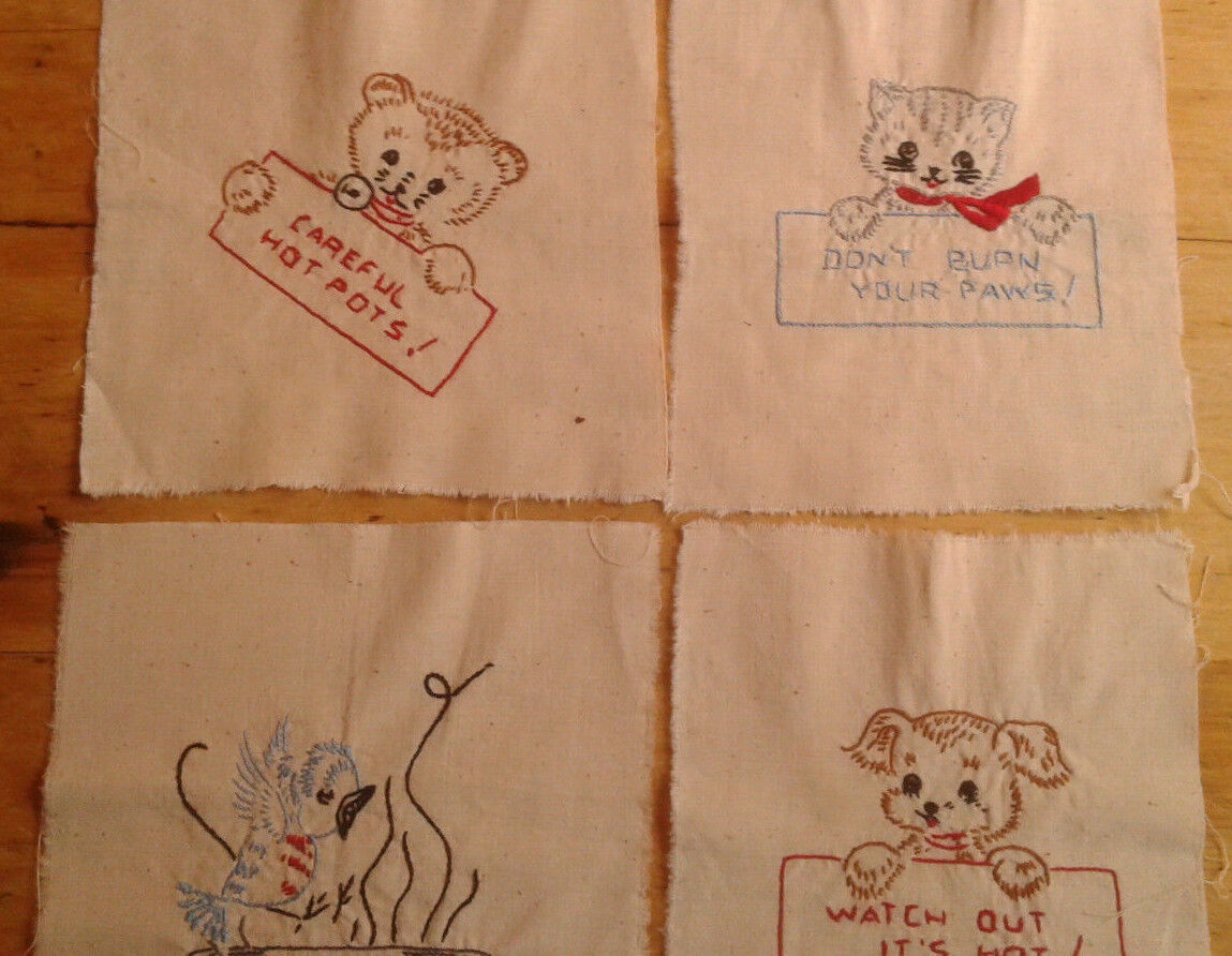 Vintage Set of 4 Hand Embroidered Hot Pads not finished Cotton 8\