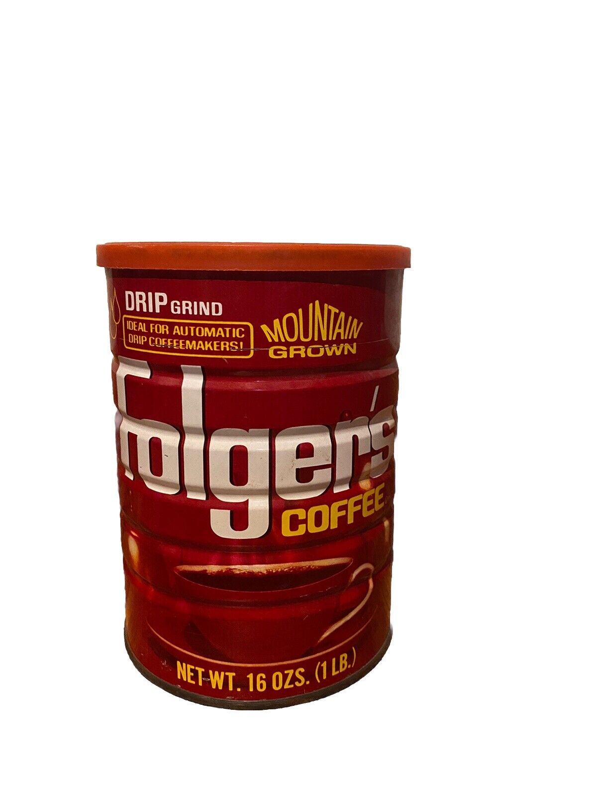 Vintage Folgers 16 oz. Red Coffee Can Drip Grind Mountain Grown Red Lid