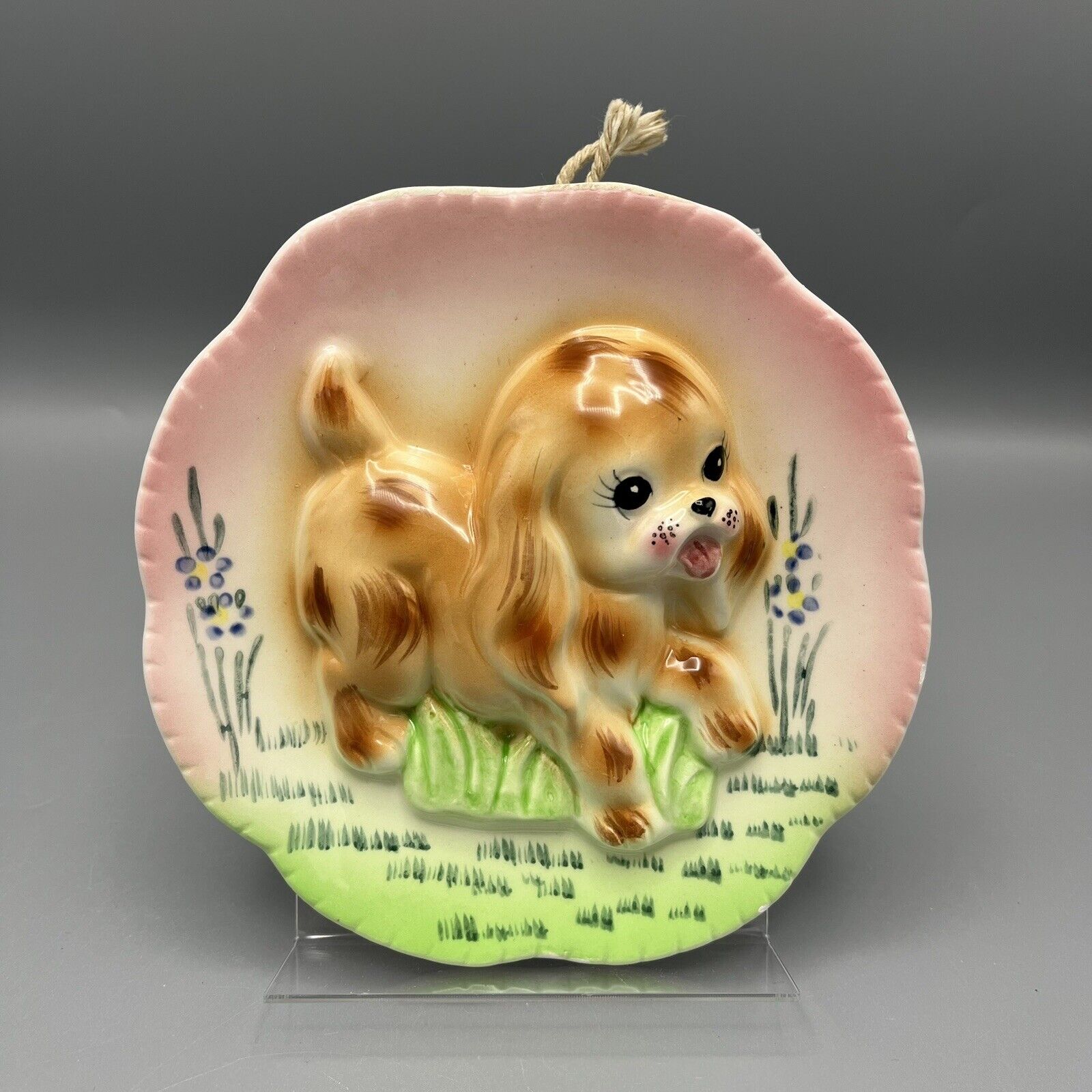 Spaniel Puppy Dog Ceramic Wall Pocket Vase Plate Vintage Kitsch Hand painted 6in